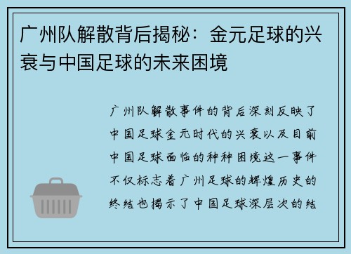 广州队解散背后揭秘：金元足球的兴衰与中国足球的未来困境